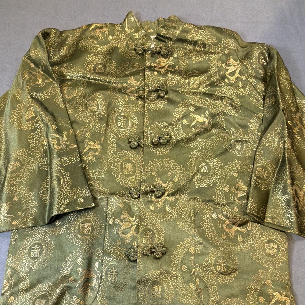 Vintage Chinese Dragon Brocade Duster Robe Long Jacket Green Gold Frog Closure